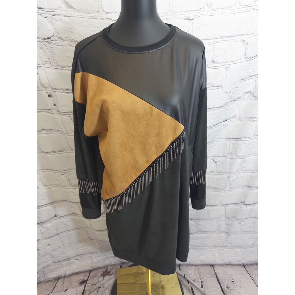 Destina Tunic Dress‎ Womens XL Black Brown Colorblock Fringe Faux Leather - Picture 2 of 11